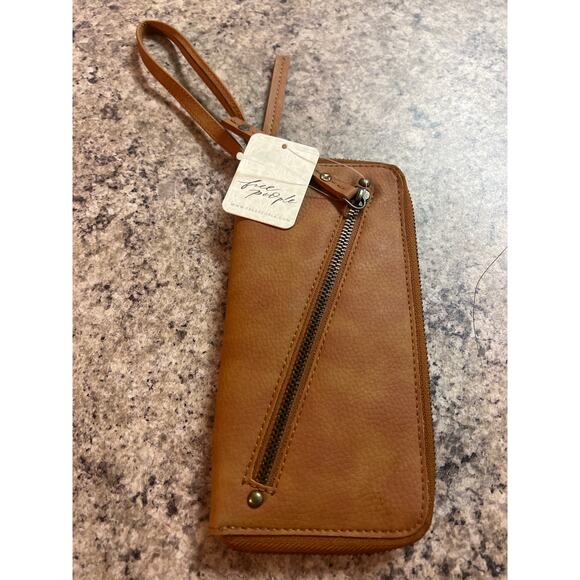 Free People Handbags - NWT Free People Wallet Brown Distressed Vegan Wristlet Strap Zip Closer Clutch